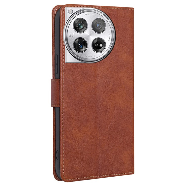 For OnePlus 12 5G Magnetic Phone Case Cowhide Texture 3 Card Slots Stand Cover - Brown