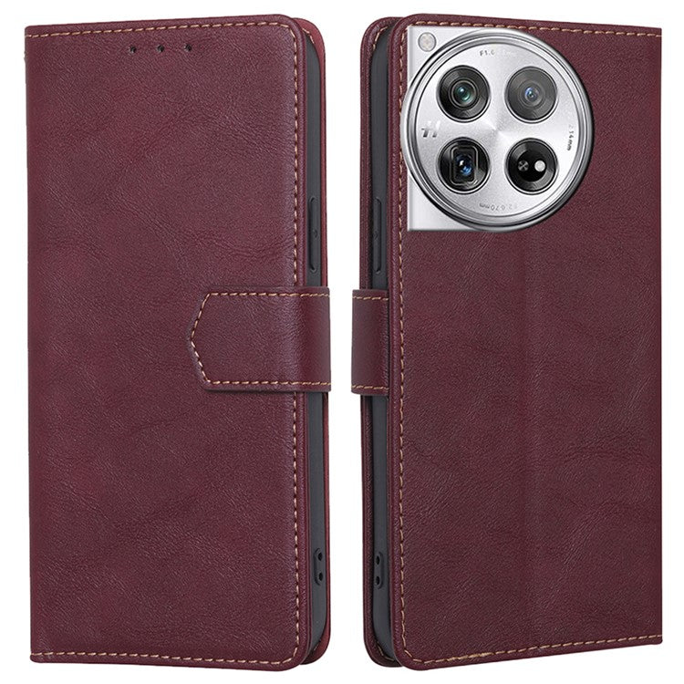 For OnePlus 12 5G Magnetic Phone Case Cowhide Texture 3 Card Slots Stand Cover - Wine Red