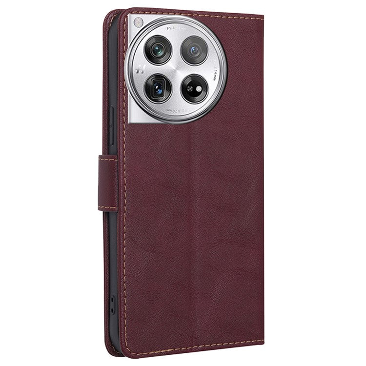 For OnePlus 12 5G Magnetic Phone Case Cowhide Texture 3 Card Slots Stand Cover - Wine Red
