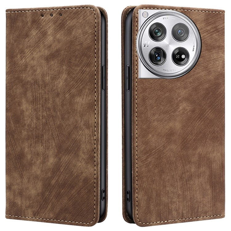 For OnePlus 12 5G Magnetic Case PU Leather Stand Wallet RFID Blocking Phone Protector - Brown