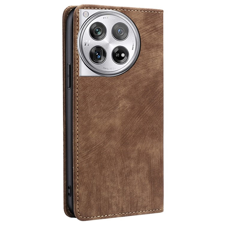 For OnePlus 12 5G Magnetic Case PU Leather Stand Wallet RFID Blocking Phone Protector - Brown