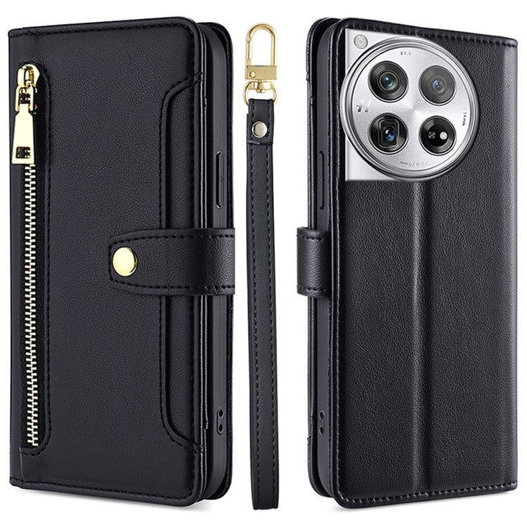 For OnePlus 12 5G Cell Phone Case PU Leather+TPU Stand Wallet Cover with Crossbody Strap - Black