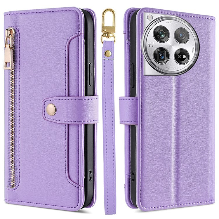 For OnePlus 12 5G Cell Phone Case PU Leather+TPU Stand Wallet Cover with Crossbody Strap - Purple
