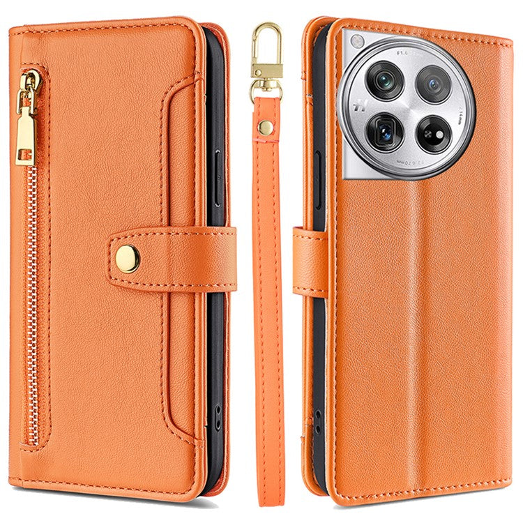 For OnePlus 12 5G Cell Phone Case PU Leather+TPU Stand Wallet Cover with Crossbody Strap - Orange