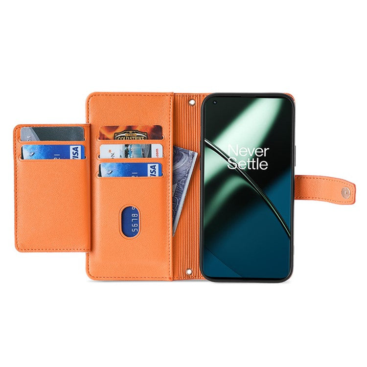 For OnePlus 12 5G Cell Phone Case PU Leather+TPU Stand Wallet Cover with Crossbody Strap - Orange