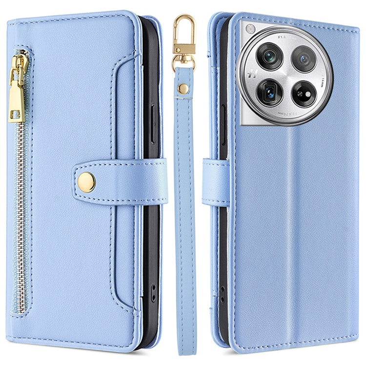 For OnePlus 12 5G Cell Phone Case PU Leather+TPU Stand Wallet Cover with Crossbody Strap - Blue