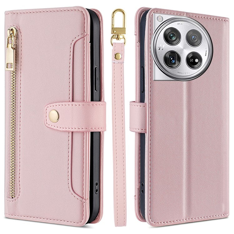For OnePlus 12 5G Cell Phone Case PU Leather+TPU Stand Wallet Cover with Crossbody Strap - Pink