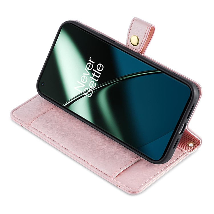 For OnePlus 12 5G Cell Phone Case PU Leather+TPU Stand Wallet Cover with Crossbody Strap - Pink