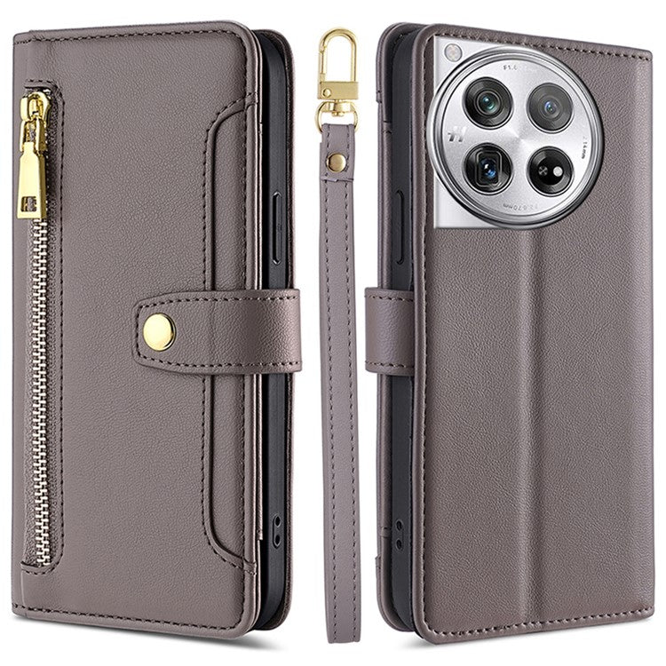 For OnePlus 12 5G Cell Phone Case PU Leather+TPU Stand Wallet Cover with Crossbody Strap - Grey