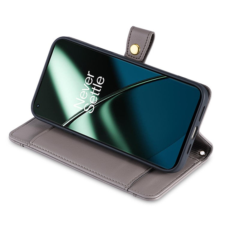 For OnePlus 12 5G Cell Phone Case PU Leather+TPU Stand Wallet Cover with Crossbody Strap - Grey
