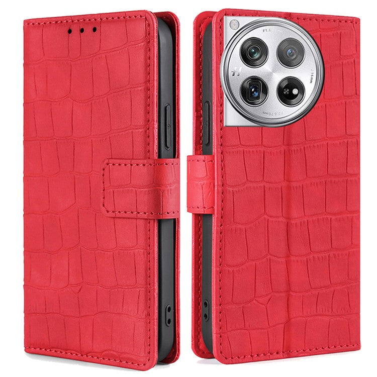 For OnePlus 12 5G Flip Phone Case PU Leather Crocodile Texture Stand Phone Shell Wallet - Red