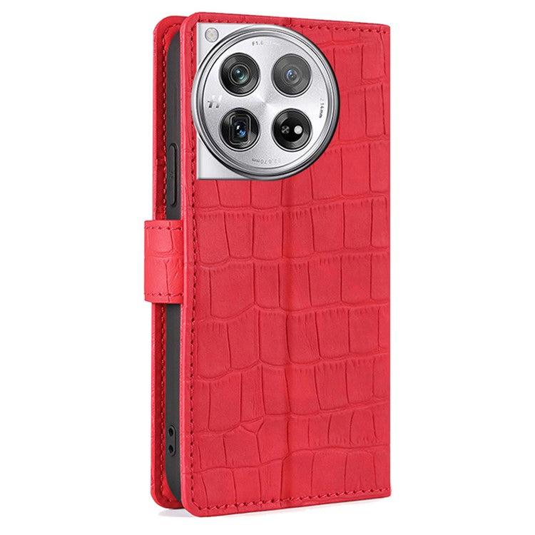 For OnePlus 12 5G Flip Phone Case PU Leather Crocodile Texture Stand Phone Shell Wallet - Red