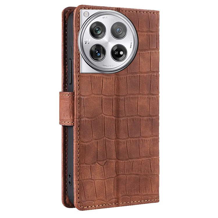 For OnePlus 12 5G Flip Phone Case PU Leather Crocodile Texture Stand Phone Shell Wallet - Brown