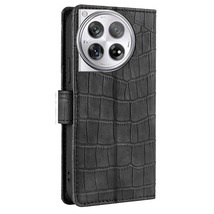 For OnePlus 12 5G Flip Phone Case PU Leather Crocodile Texture Stand Phone Shell Wallet - Black