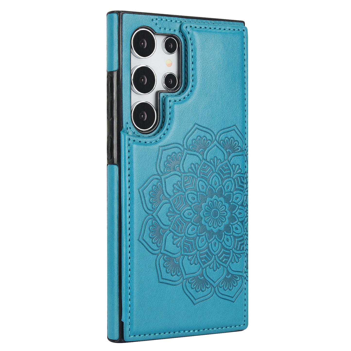 For Samsung Galaxy S24 Ultra PU Leather Case Imprinted Mandala Flower Kickstand Phone Cover - Dark Blue