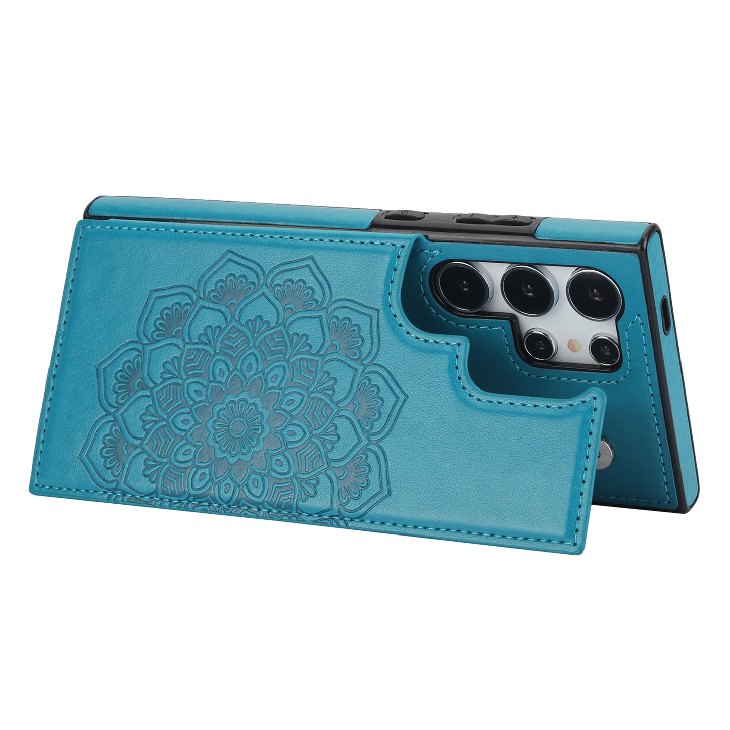 For Samsung Galaxy S24 Ultra PU Leather Case Imprinted Mandala Flower Kickstand Phone Cover - Dark Blue