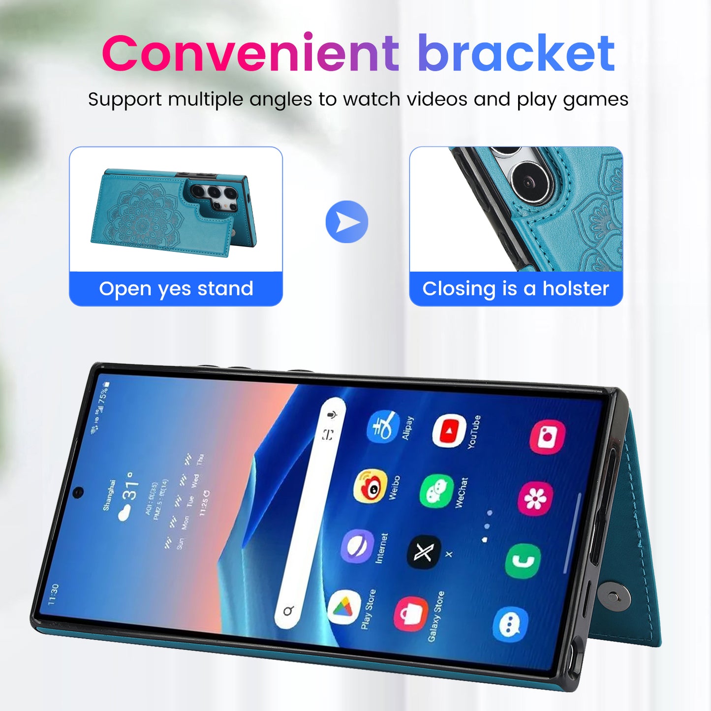 For Samsung Galaxy S24 Ultra PU Leather Case Imprinted Mandala Flower Kickstand Phone Cover - Dark Blue