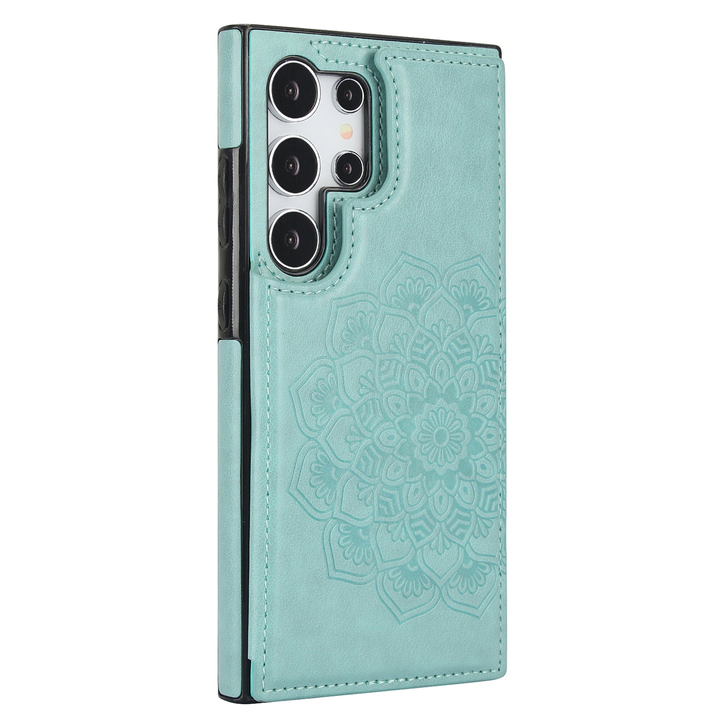 For Samsung Galaxy S24 Ultra PU Leather Case Imprinted Mandala Flower Kickstand Phone Cover - Green