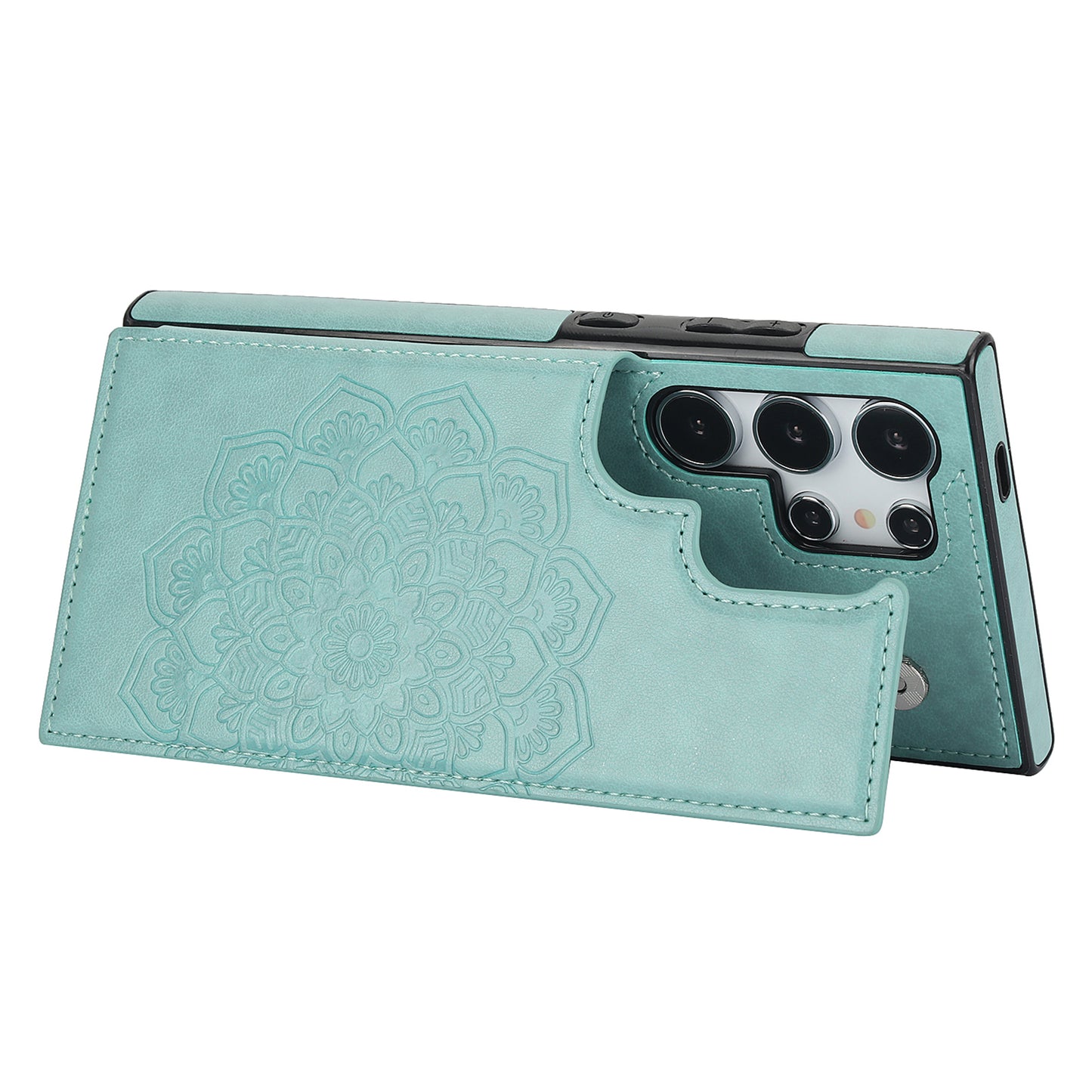 For Samsung Galaxy S24 Ultra PU Leather Case Imprinted Mandala Flower Kickstand Phone Cover - Green
