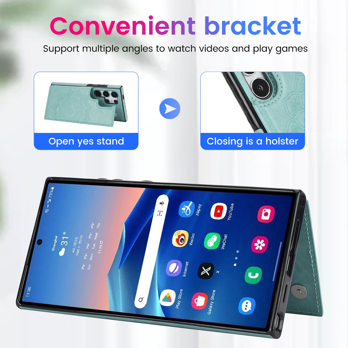 For Samsung Galaxy S24 Ultra PU Leather Case Imprinted Mandala Flower Kickstand Phone Cover - Green