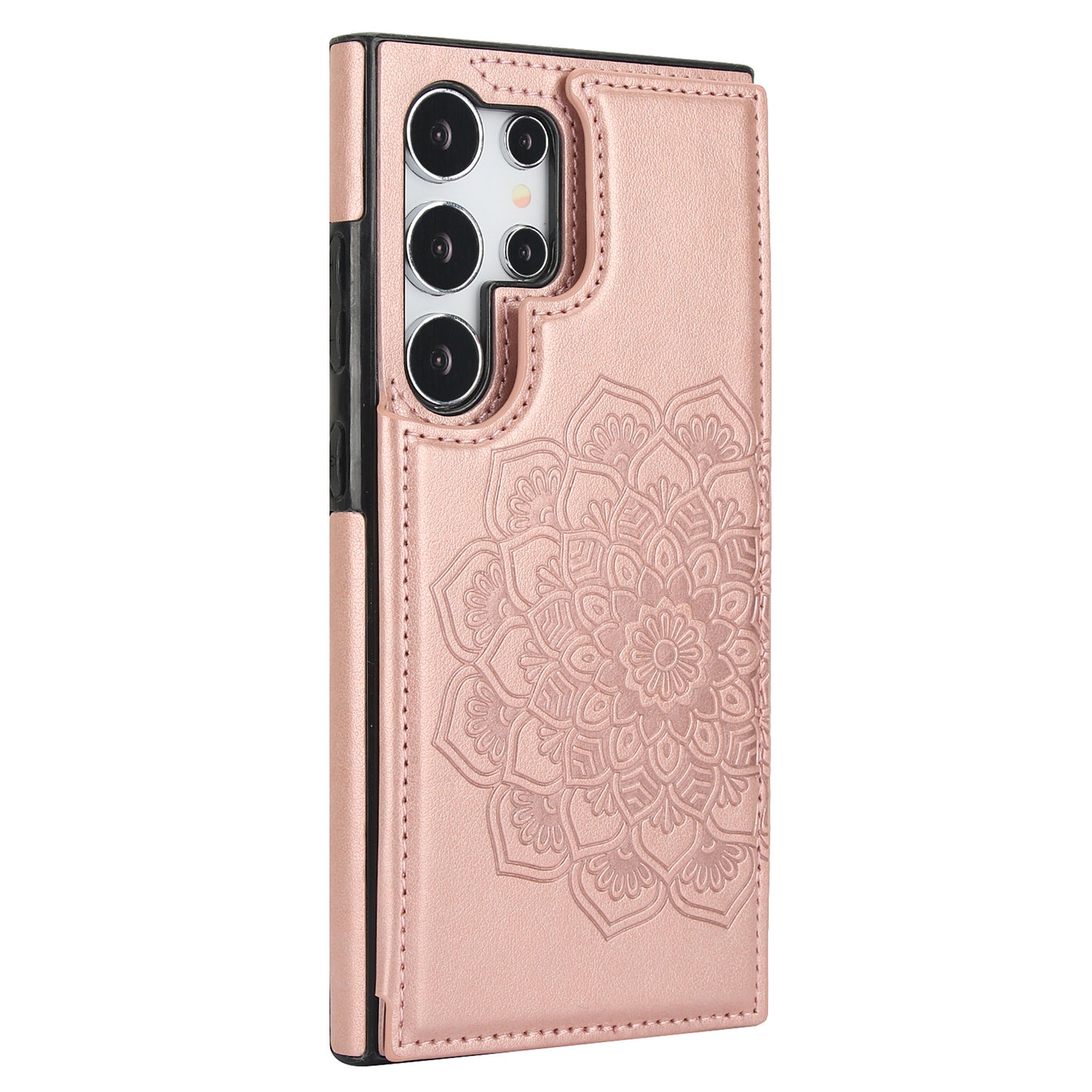 For Samsung Galaxy S24 Ultra PU Leather Case Imprinted Mandala Flower Kickstand Phone Cover - Rose Gold