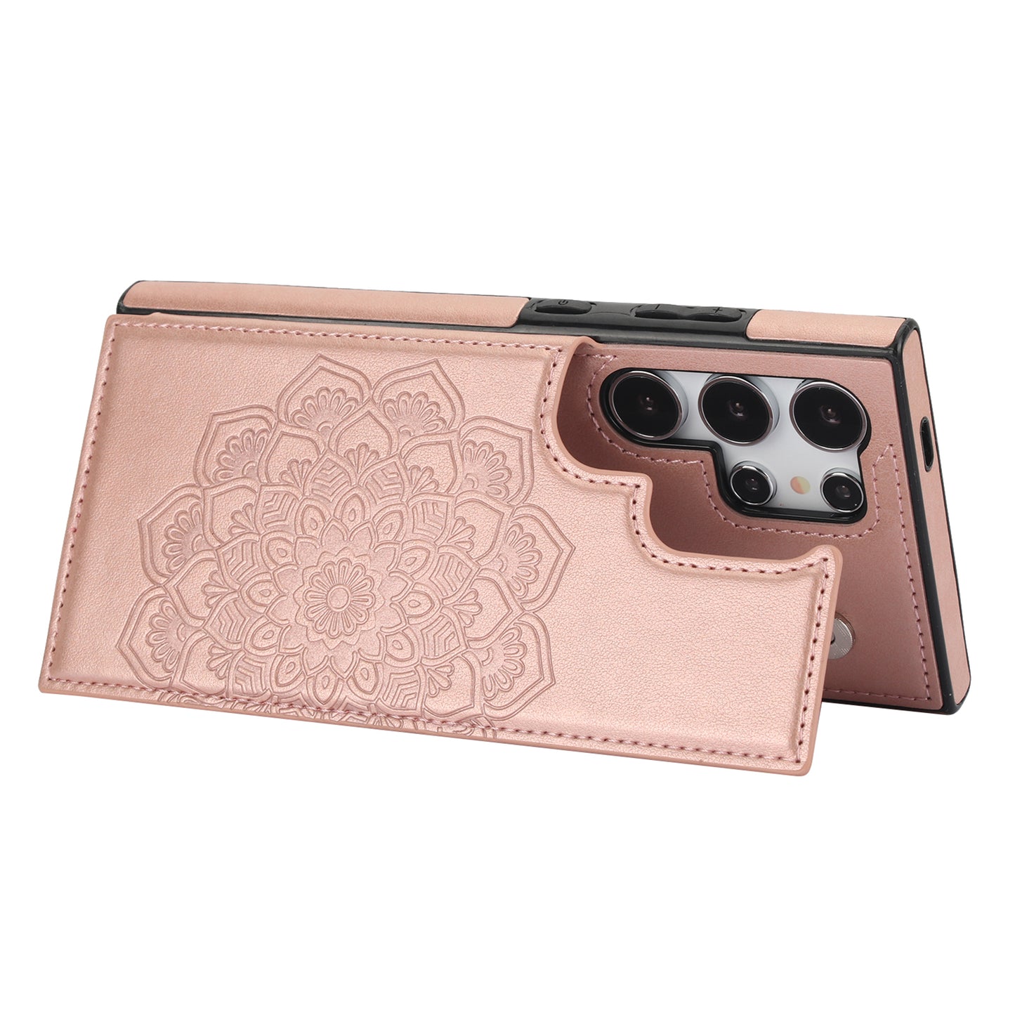 For Samsung Galaxy S24 Ultra PU Leather Case Imprinted Mandala Flower Kickstand Phone Cover - Rose Gold
