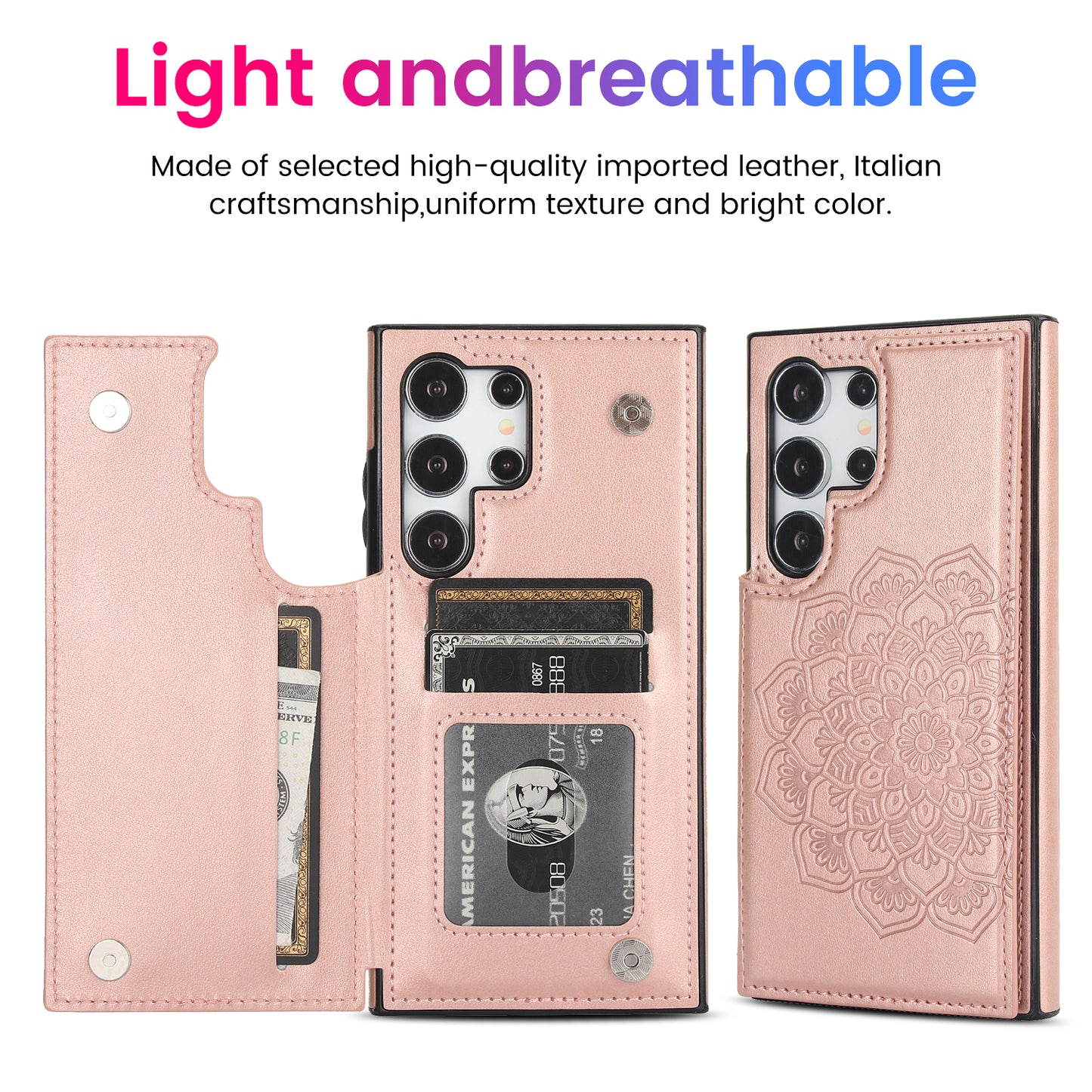 For Samsung Galaxy S24 Ultra PU Leather Case Imprinted Mandala Flower Kickstand Phone Cover - Rose Gold