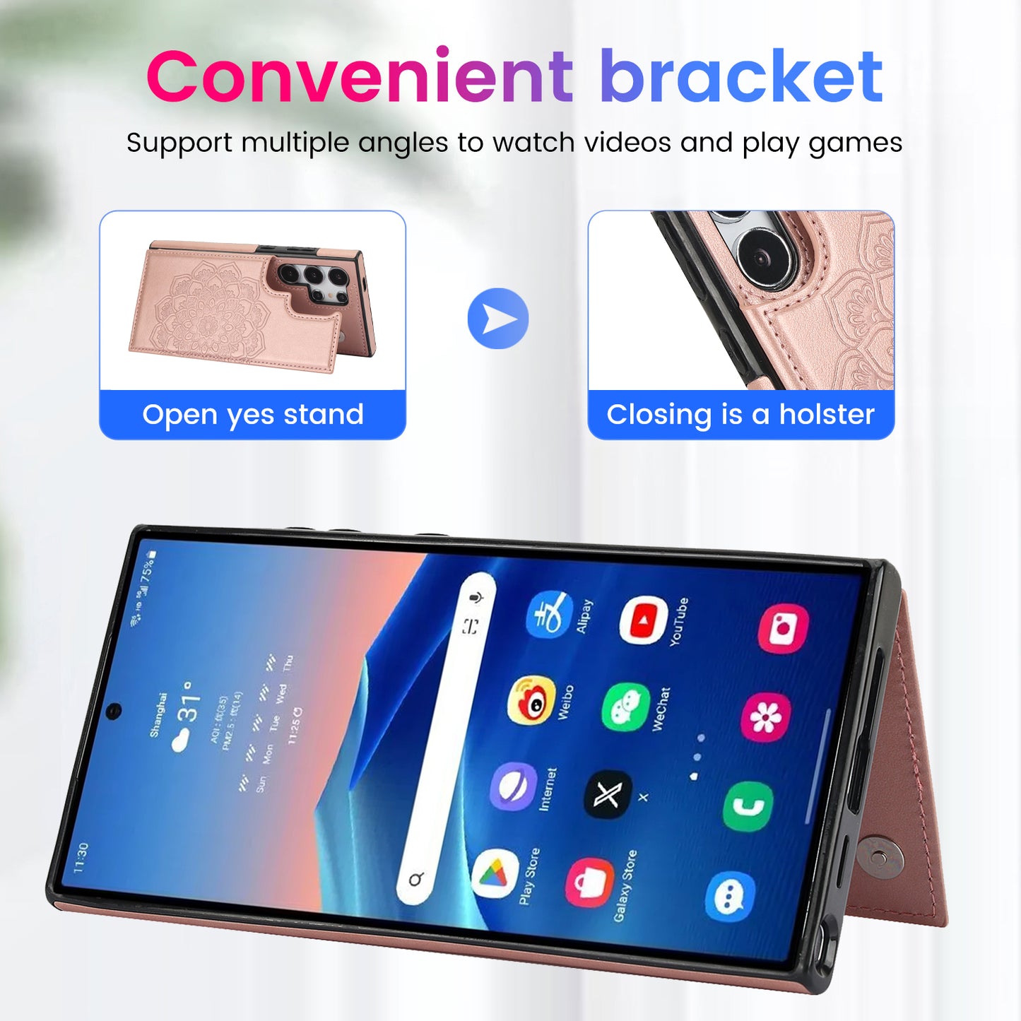 For Samsung Galaxy S24 Ultra PU Leather Case Imprinted Mandala Flower Kickstand Phone Cover - Rose Gold