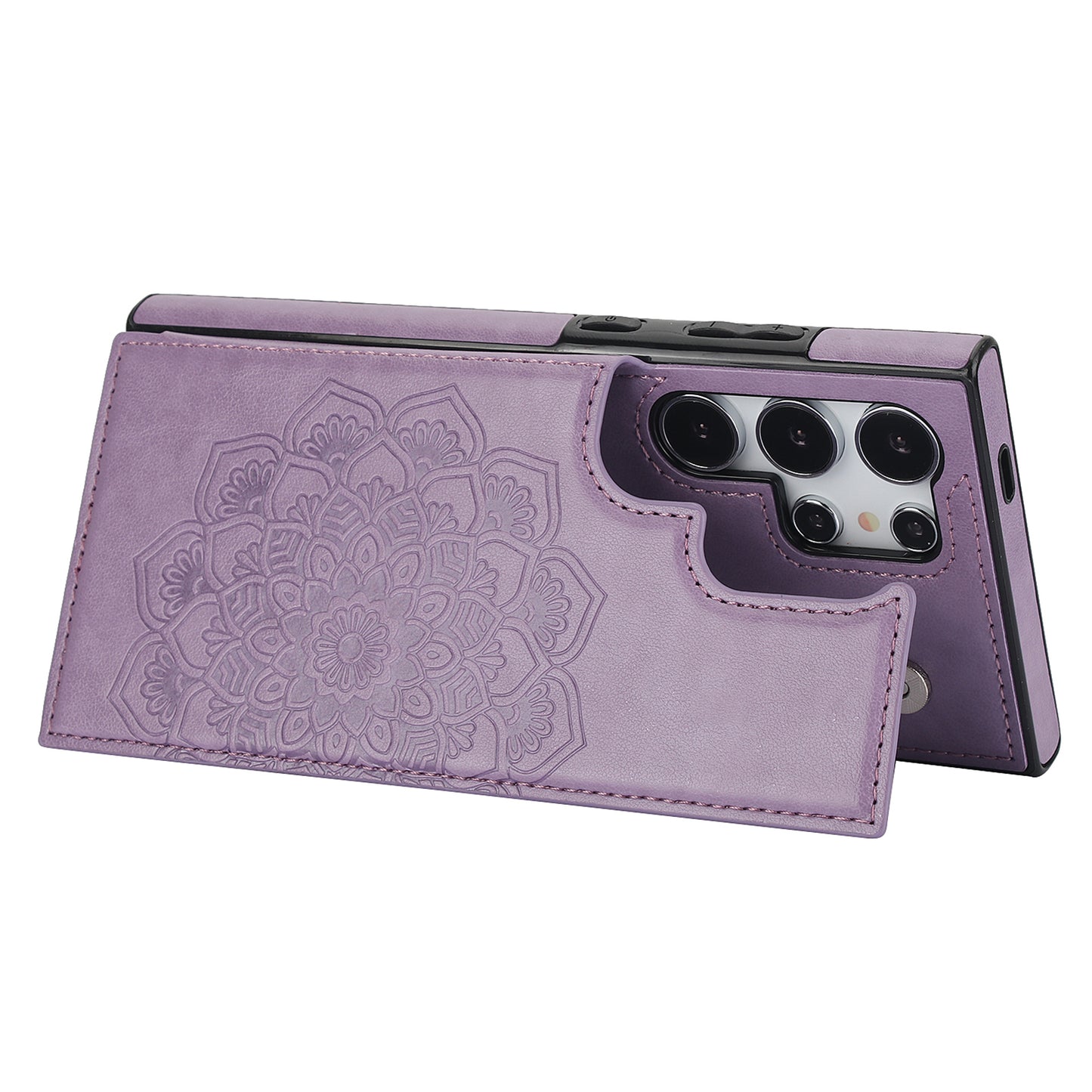 For Samsung Galaxy S24 Ultra PU Leather Case Imprinted Mandala Flower Kickstand Phone Cover - Purple