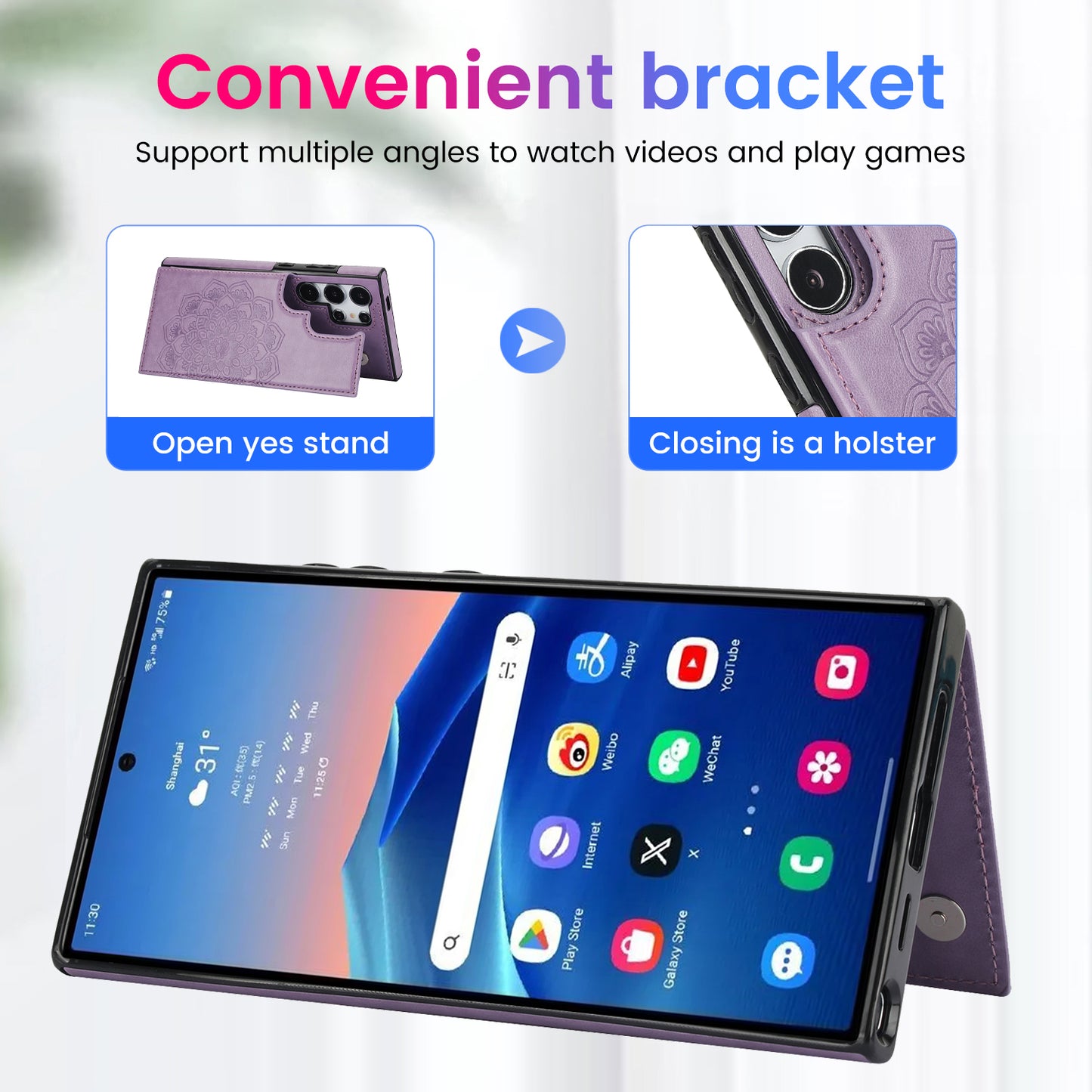 For Samsung Galaxy S24 Ultra PU Leather Case Imprinted Mandala Flower Kickstand Phone Cover - Purple