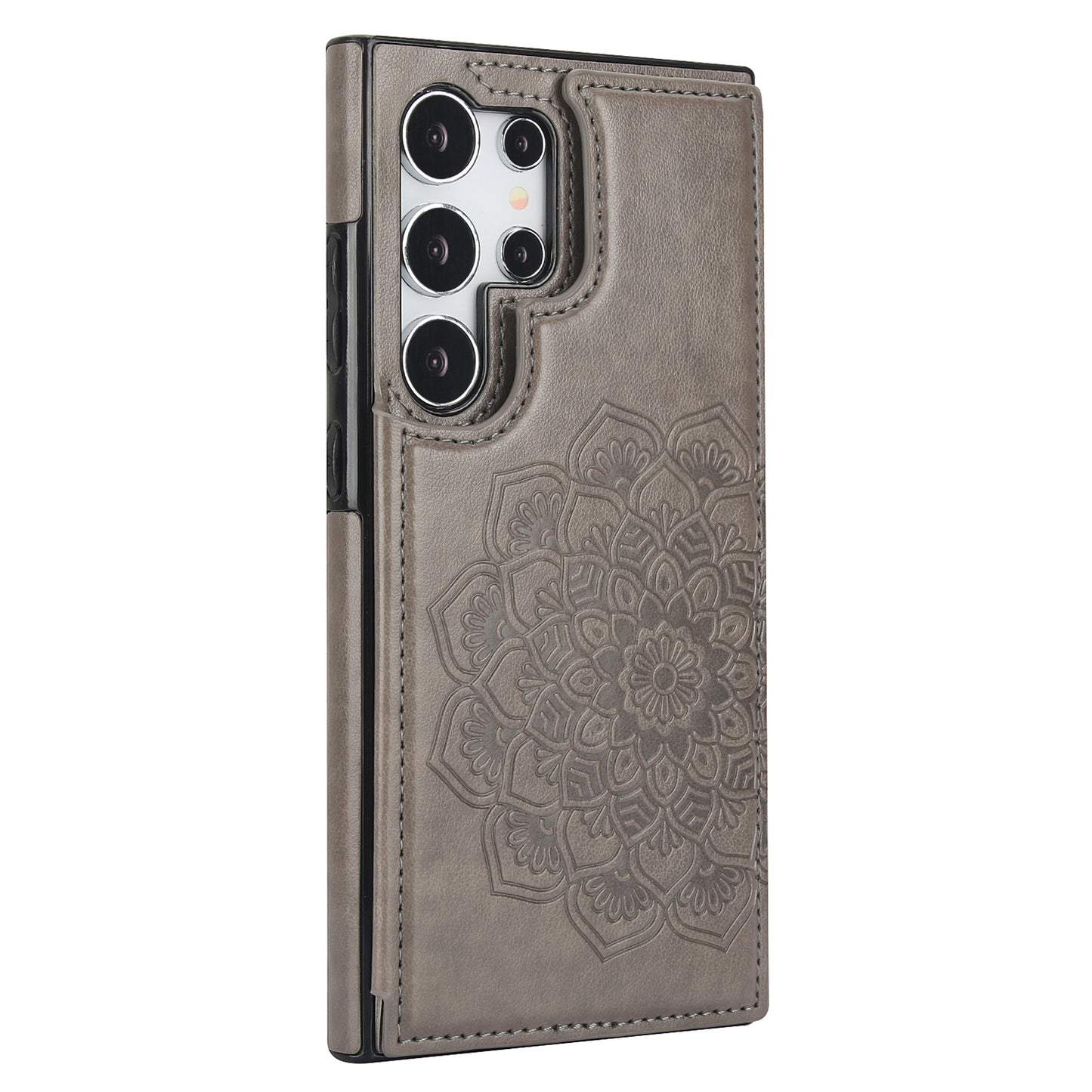 For Samsung Galaxy S24 Ultra PU Leather Case Imprinted Mandala Flower Kickstand Phone Cover - Grey