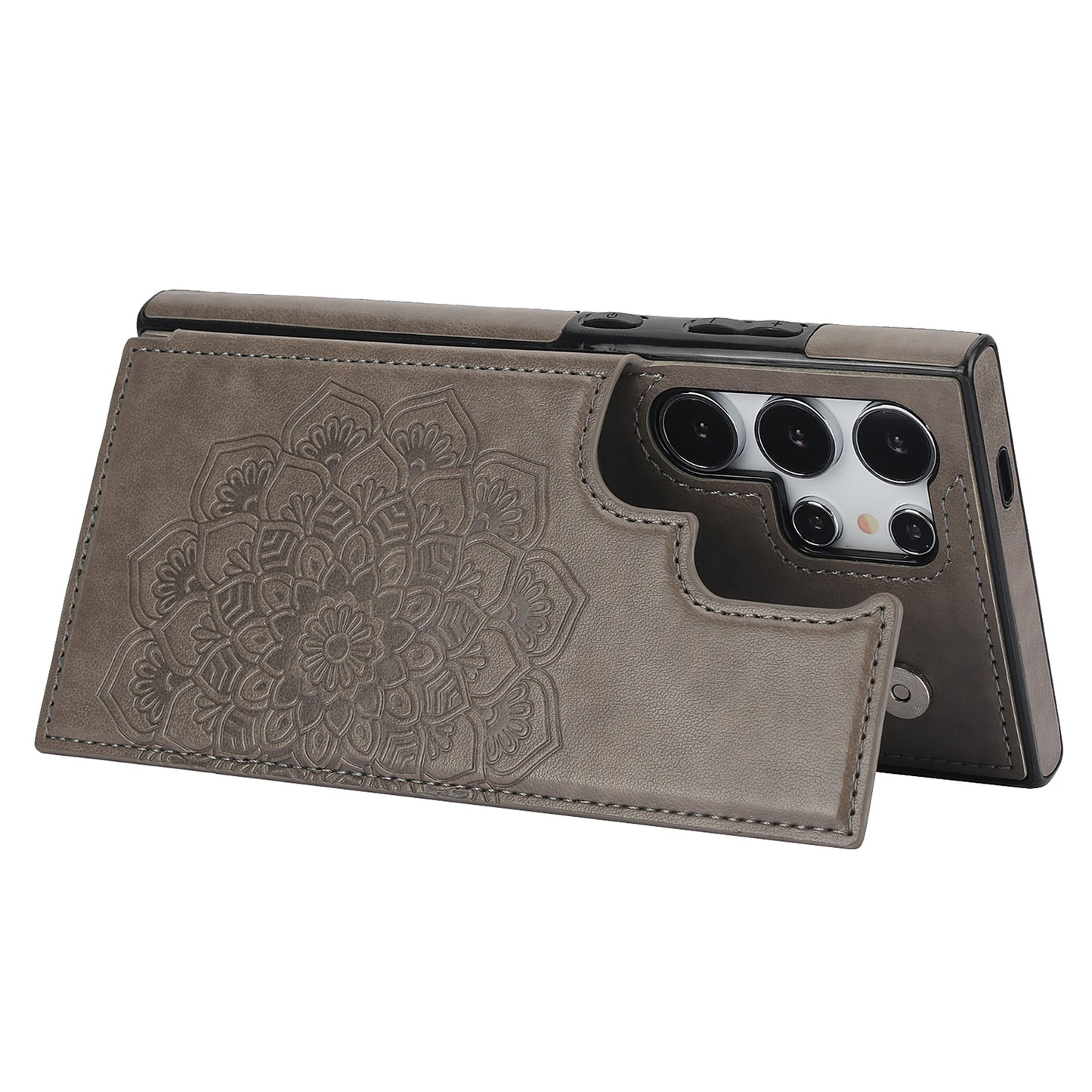 For Samsung Galaxy S24 Ultra PU Leather Case Imprinted Mandala Flower Kickstand Phone Cover - Grey