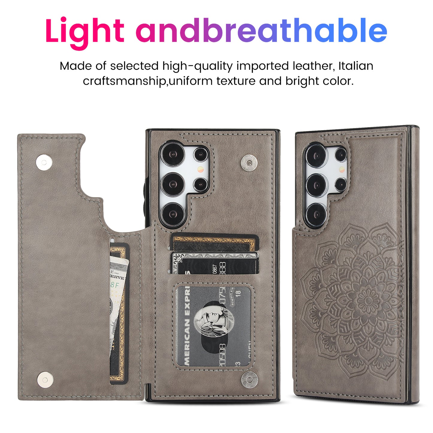 For Samsung Galaxy S24 Ultra PU Leather Case Imprinted Mandala Flower Kickstand Phone Cover - Grey