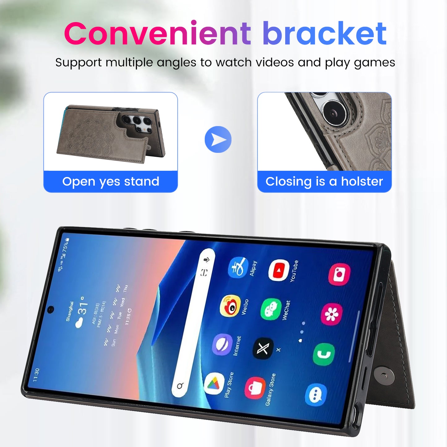 For Samsung Galaxy S24 Ultra PU Leather Case Imprinted Mandala Flower Kickstand Phone Cover - Grey