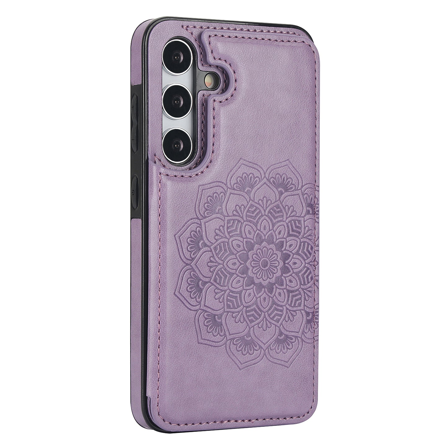 For Samsung Galaxy S24+ Cell Phone Case PU Leather Imprinted Mandala Flower Cover with Card Slots - Purple