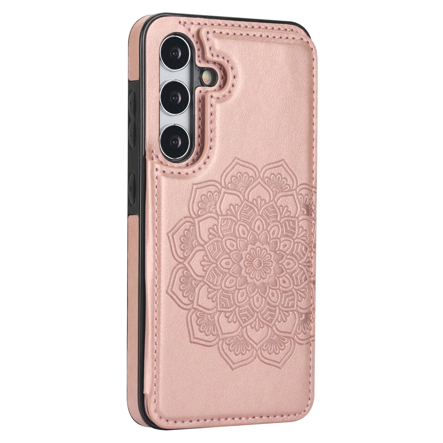 For Samsung Galaxy S24+ Cell Phone Case PU Leather Imprinted Mandala Flower Cover with Card Slots - Rose Gold