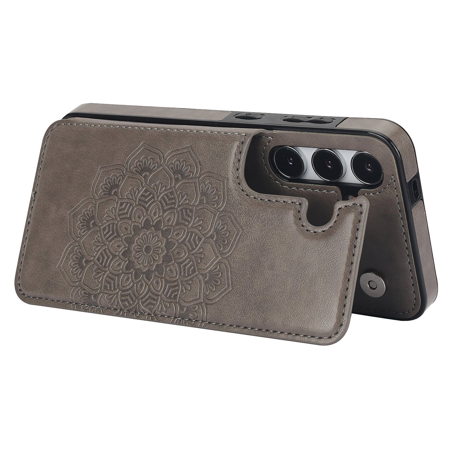 For Samsung Galaxy S24 Case Imprinted Mandala Flower PU Leather Kickstand Back Cover - Grey
