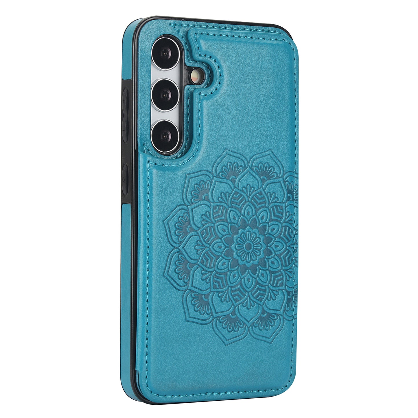 For Samsung Galaxy S24 Case Imprinted Mandala Flower PU Leather Kickstand Back Cover - Dark Blue