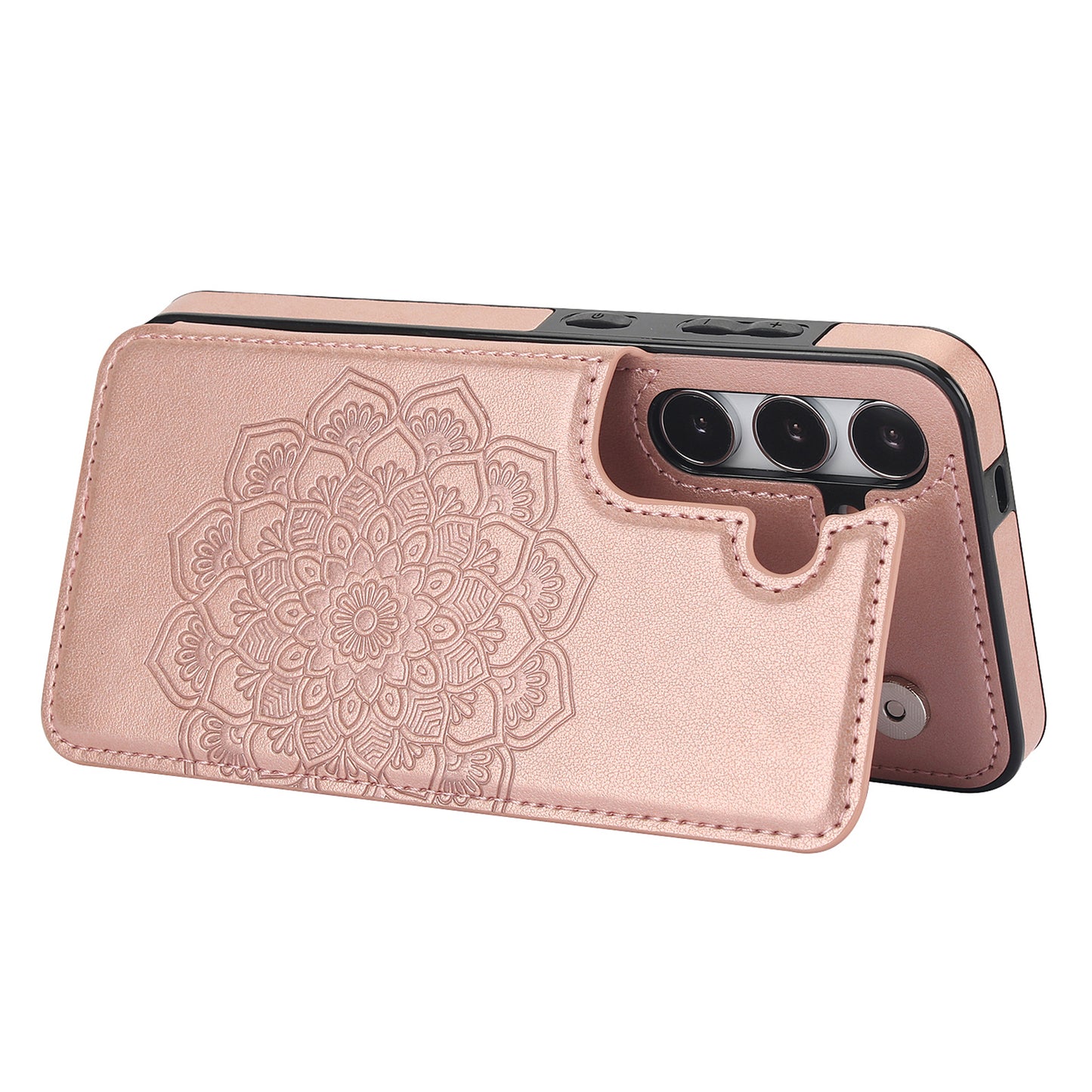 For Samsung Galaxy S24 Case Imprinted Mandala Flower PU Leather Kickstand Back Cover - Rose Gold