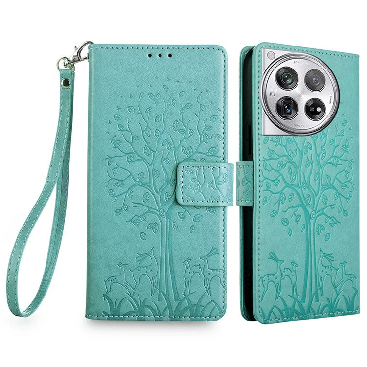 For OnePlus 12 5G Leather Case Imprinted Deer Tree Pattern Card Slots Wallet Phone Guard Cover - Green