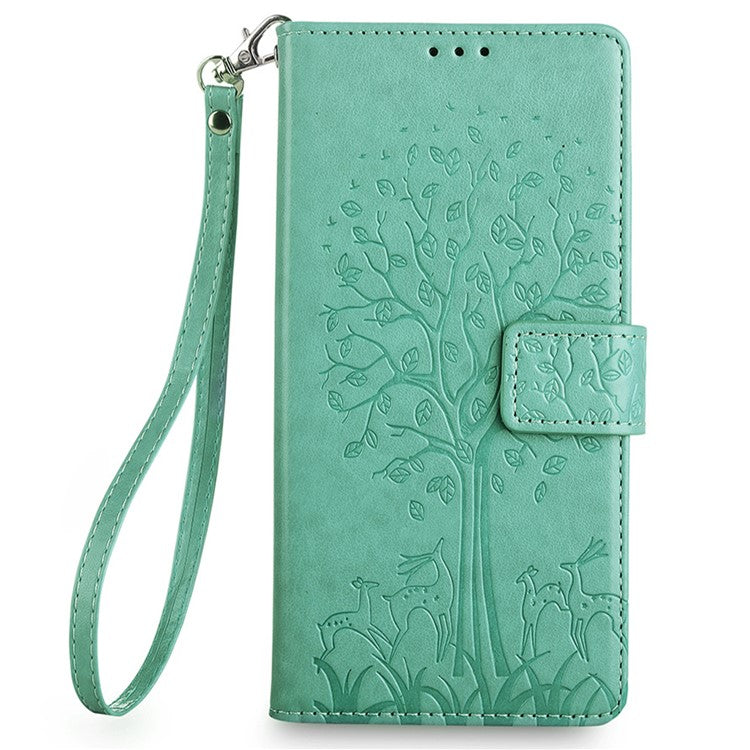 For OnePlus 12 5G Leather Case Imprinted Deer Tree Pattern Card Slots Wallet Phone Guard Cover - Green
