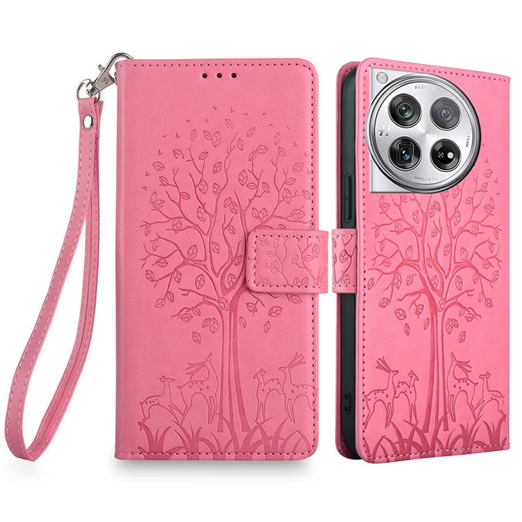 For OnePlus 12 5G Leather Case Imprinted Deer Tree Pattern Card Slots Wallet Phone Guard Cover - Pink