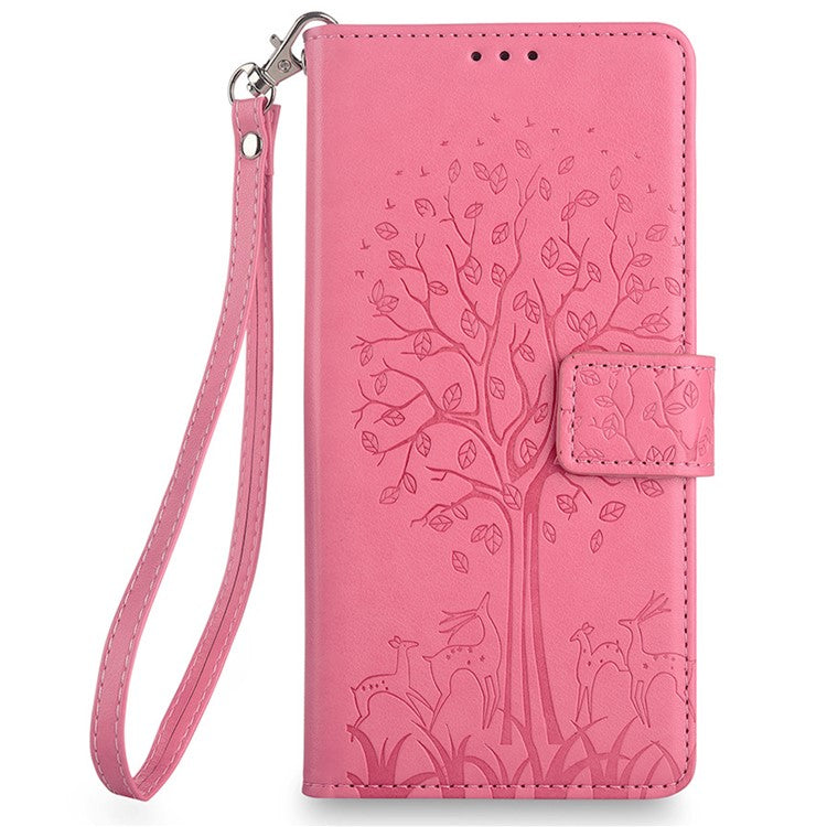 For OnePlus 12 5G Leather Case Imprinted Deer Tree Pattern Card Slots Wallet Phone Guard Cover - Pink
