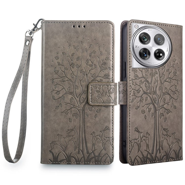 For OnePlus 12 5G Leather Case Imprinted Deer Tree Pattern Card Slots Wallet Phone Guard Cover - Grey