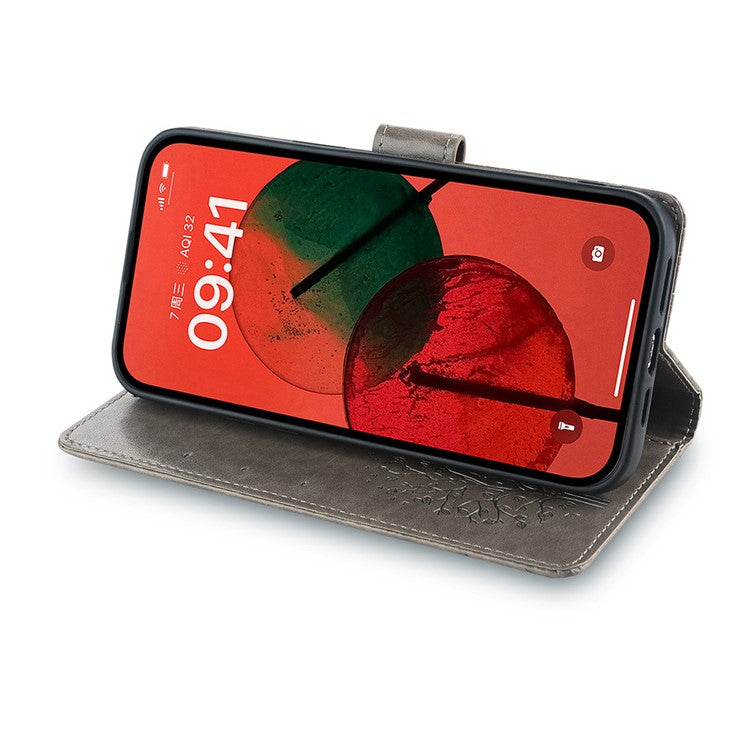 For OnePlus 12 5G Leather Case Imprinted Deer Tree Pattern Card Slots Wallet Phone Guard Cover - Grey