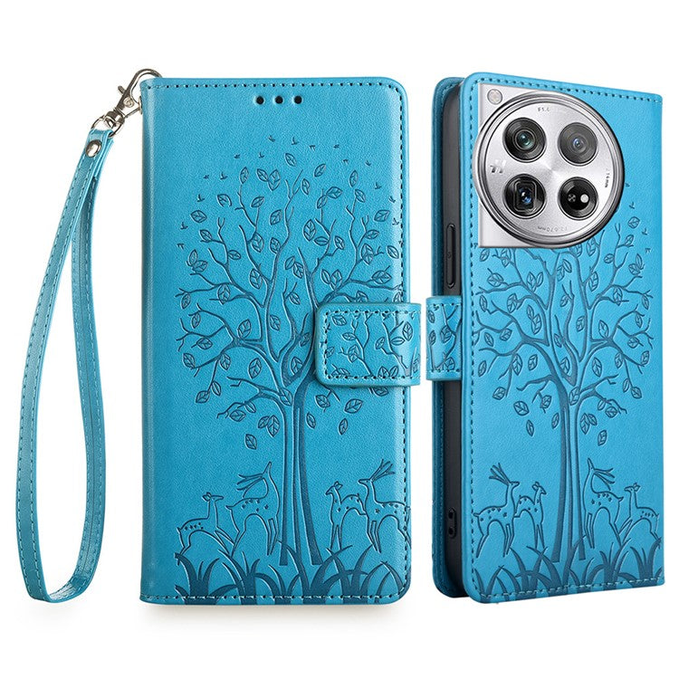 For OnePlus 12 5G Leather Case Imprinted Deer Tree Pattern Card Slots Wallet Phone Guard Cover - Blue