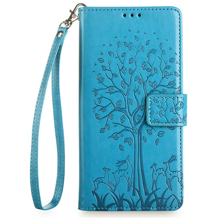 For OnePlus 12 5G Leather Case Imprinted Deer Tree Pattern Card Slots Wallet Phone Guard Cover - Blue