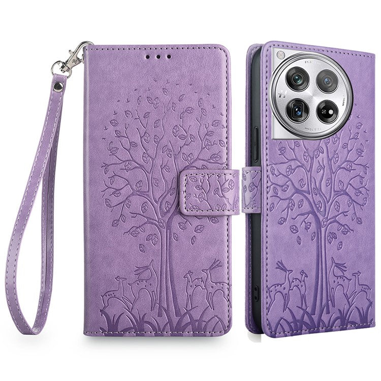 For OnePlus 12 5G Leather Case Imprinted Deer Tree Pattern Card Slots Wallet Phone Guard Cover - Purple
