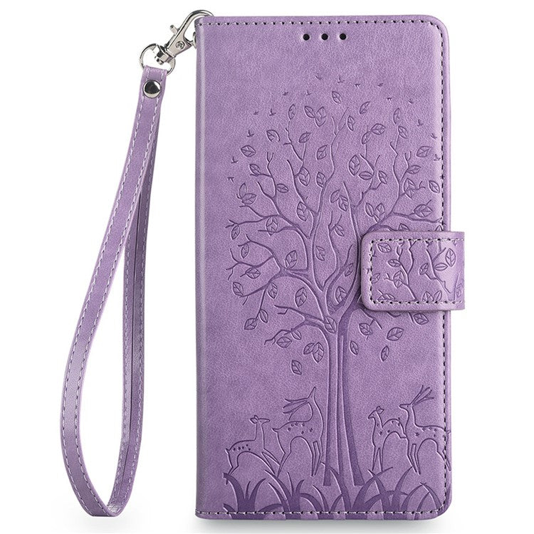 For OnePlus 12 5G Leather Case Imprinted Deer Tree Pattern Card Slots Wallet Phone Guard Cover - Purple