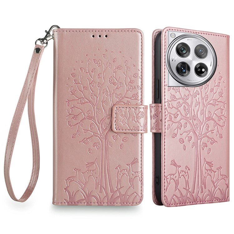 For OnePlus 12 5G Leather Case Imprinted Deer Tree Pattern Card Slots Wallet Phone Guard Cover - Rose Gold